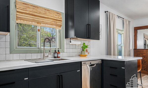 Fridge, microwave, stovetop, coffee/tea maker