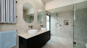 Shower, hair dryer, towels