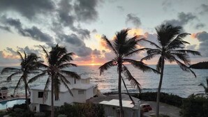 Ein Küstenanwesen mit Pool, Palmen und Blick auf den Sonnenuntergang über dem Meer.