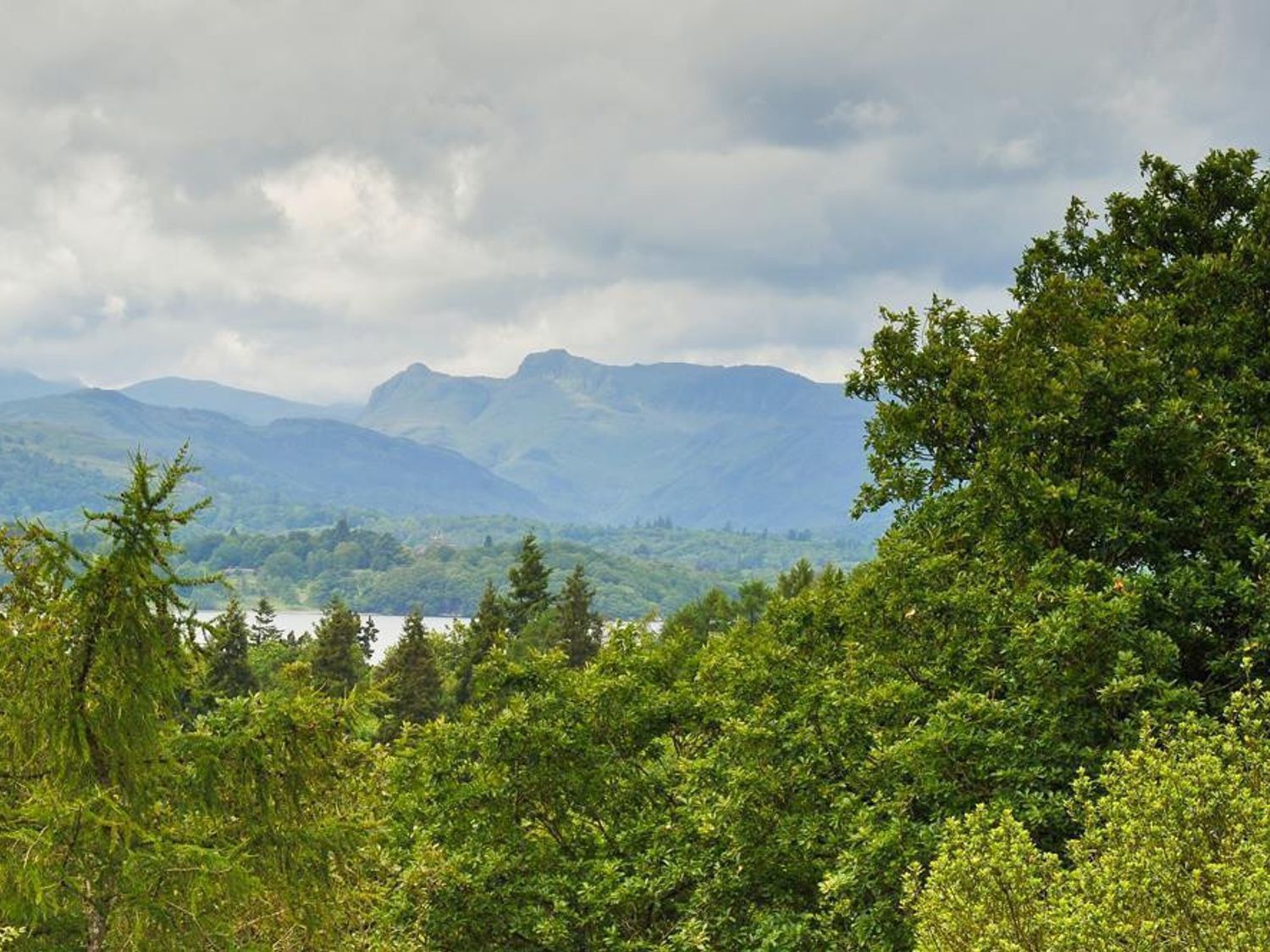 A mountainous landscape with dense forest and a lake.