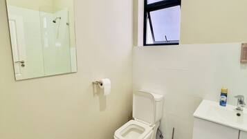 Een haardroger, handdoeken, zeep, toiletpapier