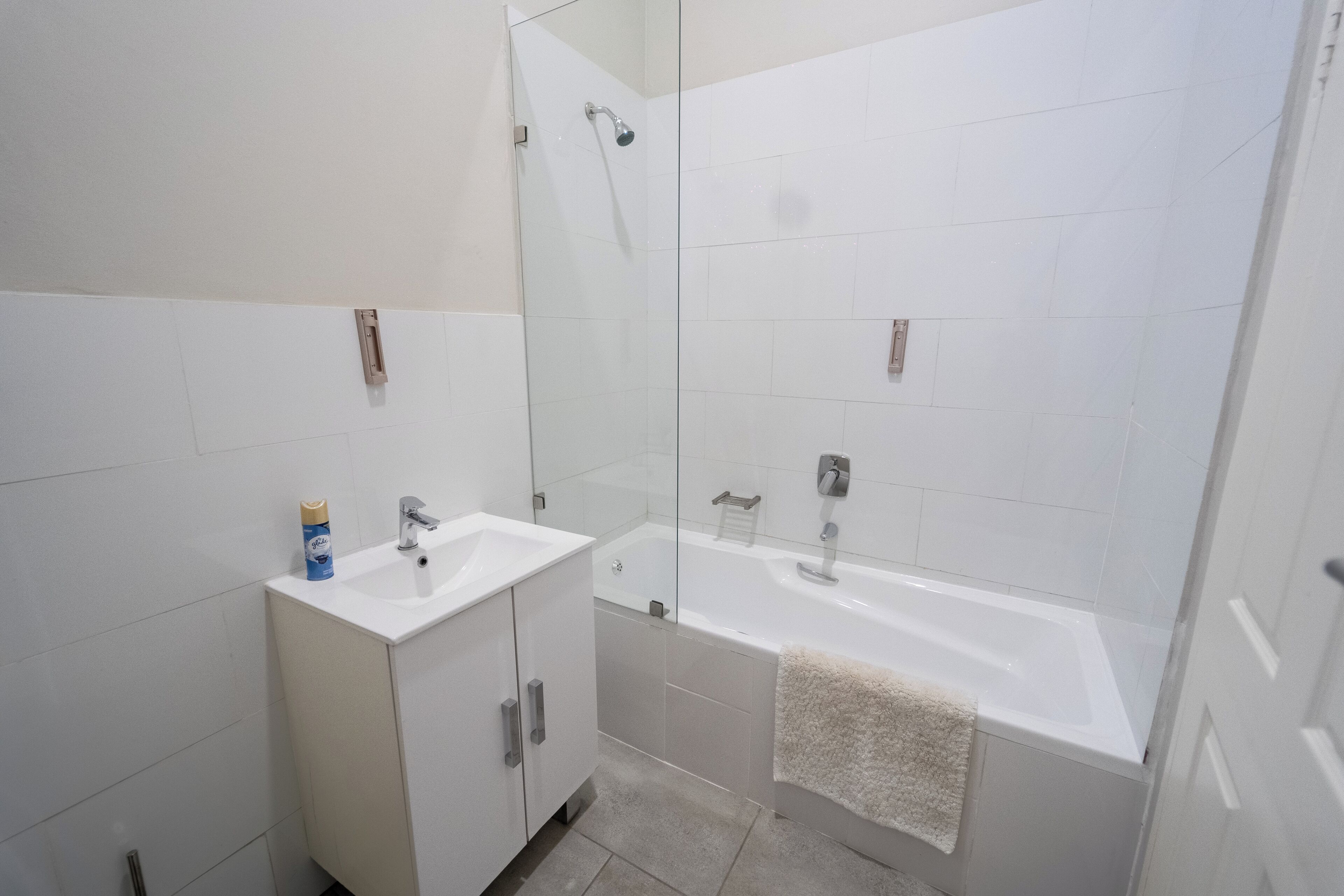 Hair dryer, towels, soap, toilet paper