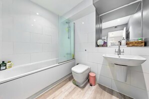 Hair dryer, towels, soap, toilet paper