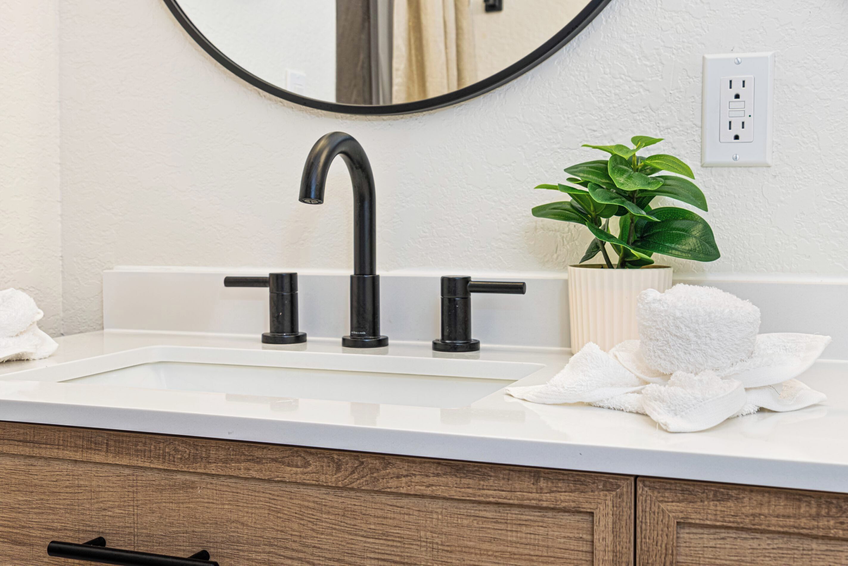 Un bagno con un lavandino bianco, un rubinetto nero e una pianta in vaso.