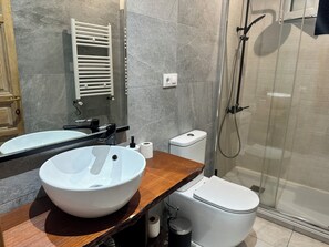 Hair dryer, towels, soap, toilet paper