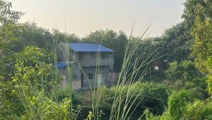 A two-story building with a blue roof, surrounded by dense greenery. - Golok Riverside Retreat (Bolpur)