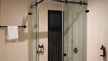 Chuveiro, secador de cabelo, toalhas de banho, sabonete