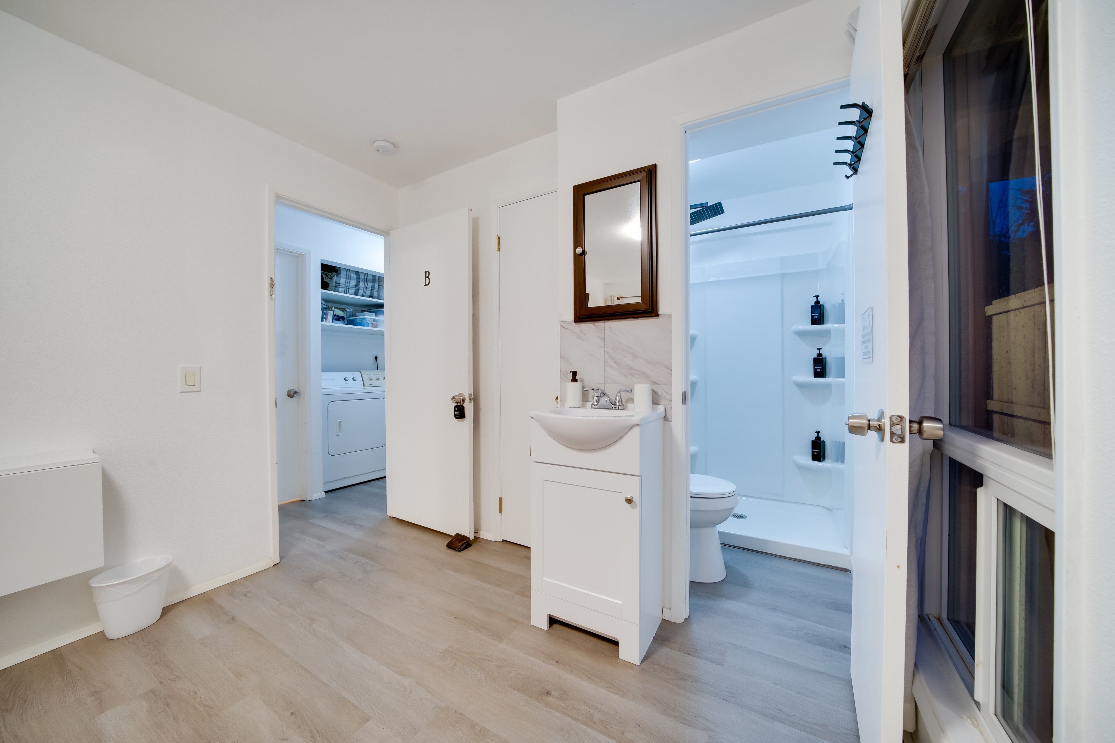 Hair dryer, towels, soap, shampoo