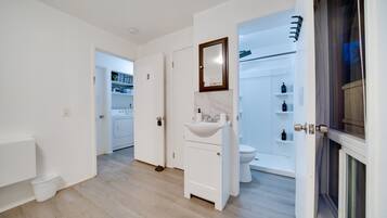 Hair dryer, towels, soap, shampoo
