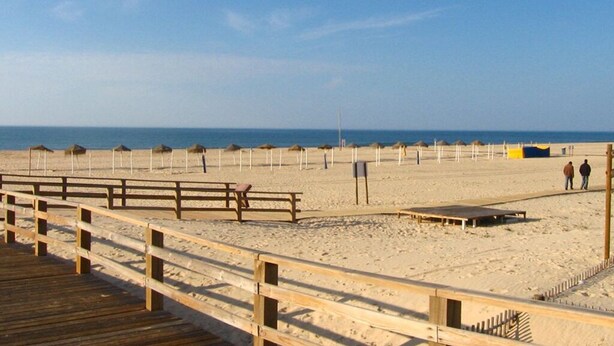 A beach with wooden walkways and umbrellas.