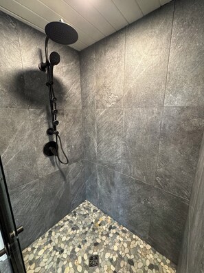 Regadera, secadora de cabello, toallas, papel de baño 