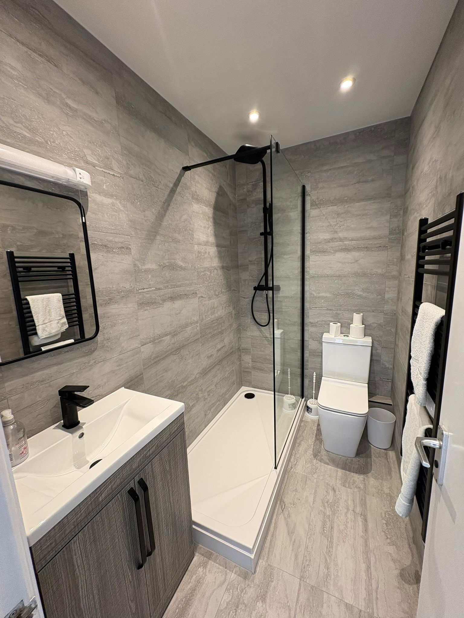 Hair dryer, towels, toilet paper