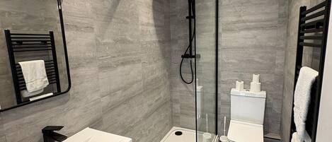 Hair dryer, towels, toilet paper