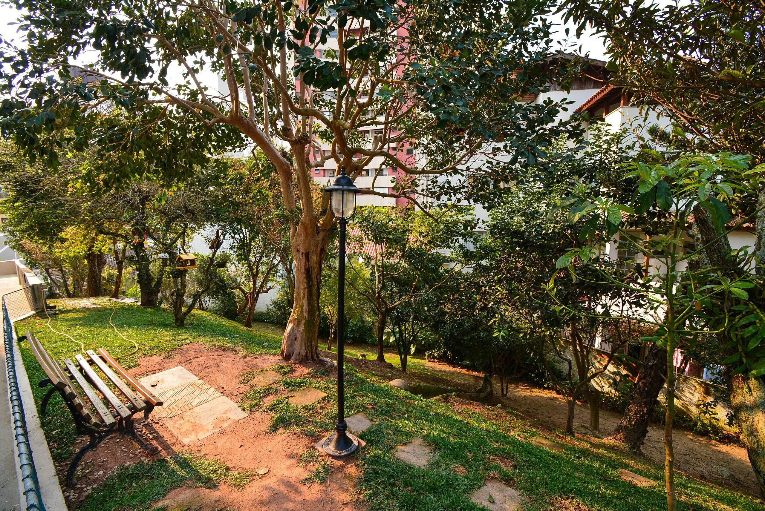 A park with a bench, a lamp post, and a pathway.
