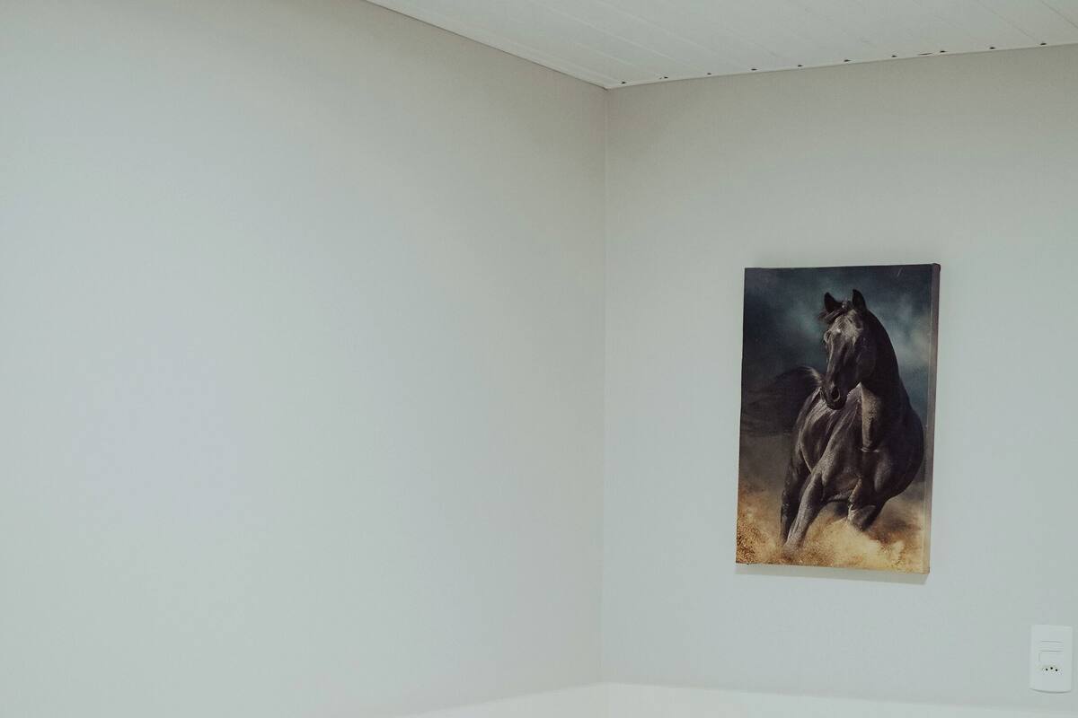 A bedroom with a single bed, a pillow, and a wall-mounted painting of a horse.