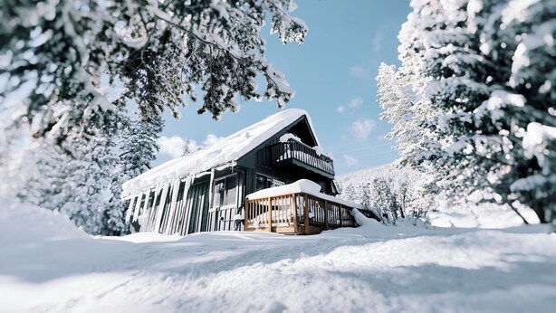 Una cabaña de madera cubierta de nieve con un balcón, rodeada de árboles cargados de nieve y un cielo azul despejado.