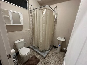 Ducha, secador de pelo, toallas, jabón