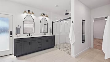 Shower, towels, soap, toilet paper