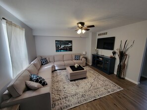 Smart TV, fireplace, video games, DVD player