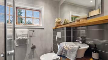Shower, towels, soap, toilet paper