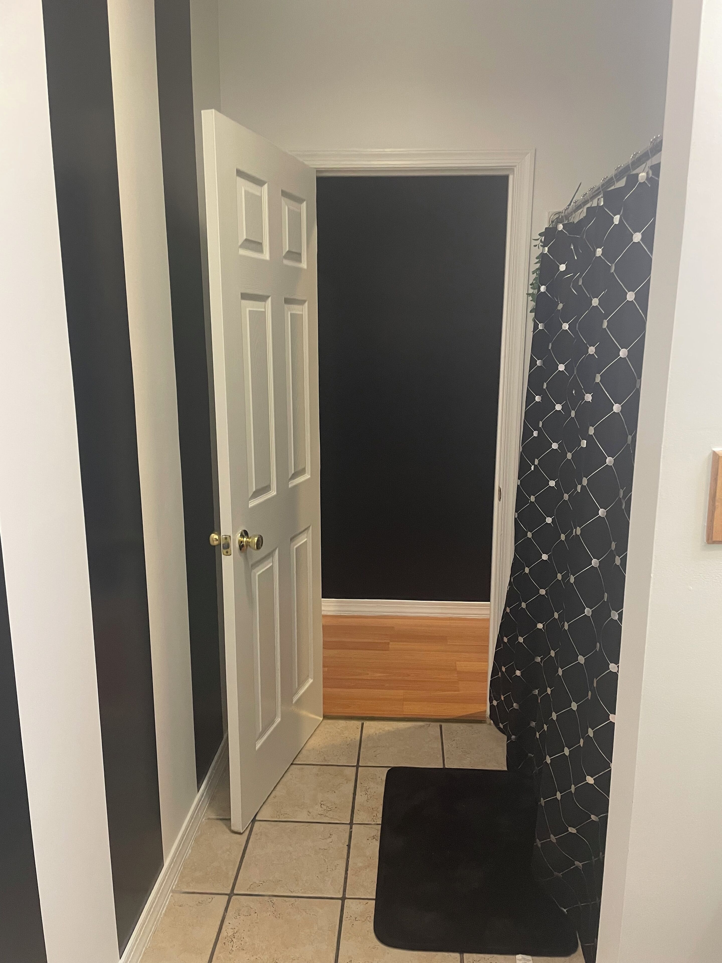 Ein Zimmer mit Tür, schwarzem Vorhang, Holzboden und schwarzer Matte.