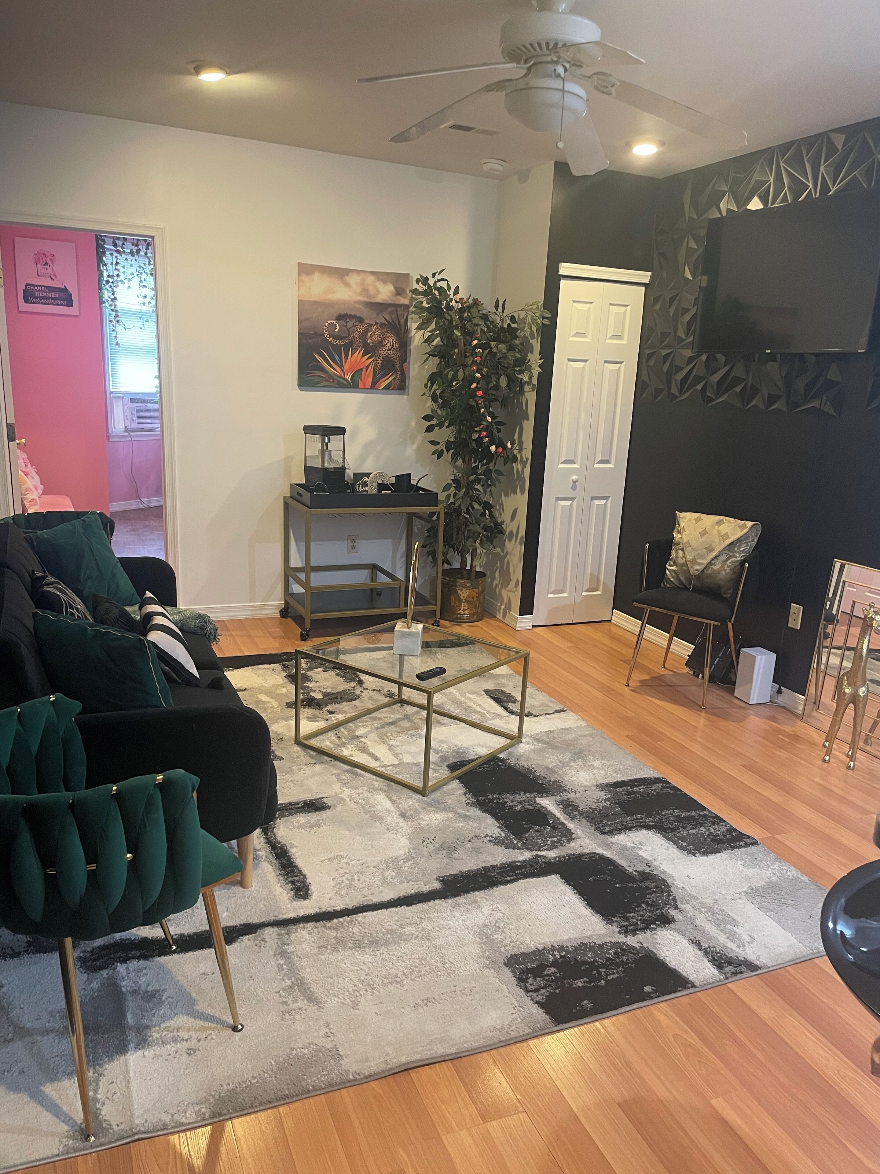 Ein Wohnzimmer mit einem Glastisch, einem grünen Sessel, einem schwarzen Sofa, einer Zimmerpflanze und einem Deckenventilator.