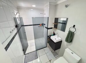 Shower, bidet, towels, soap