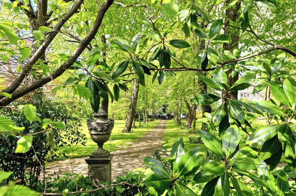 Stroll through the serene garden, lined with lush foliage and mature trees, along a well-maintained pathway.