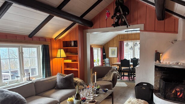 A cozy living room with a sofa, a table with drinks, a fireplace, and a bookshelf.