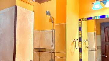 Shower, hair dryer, towels, soap