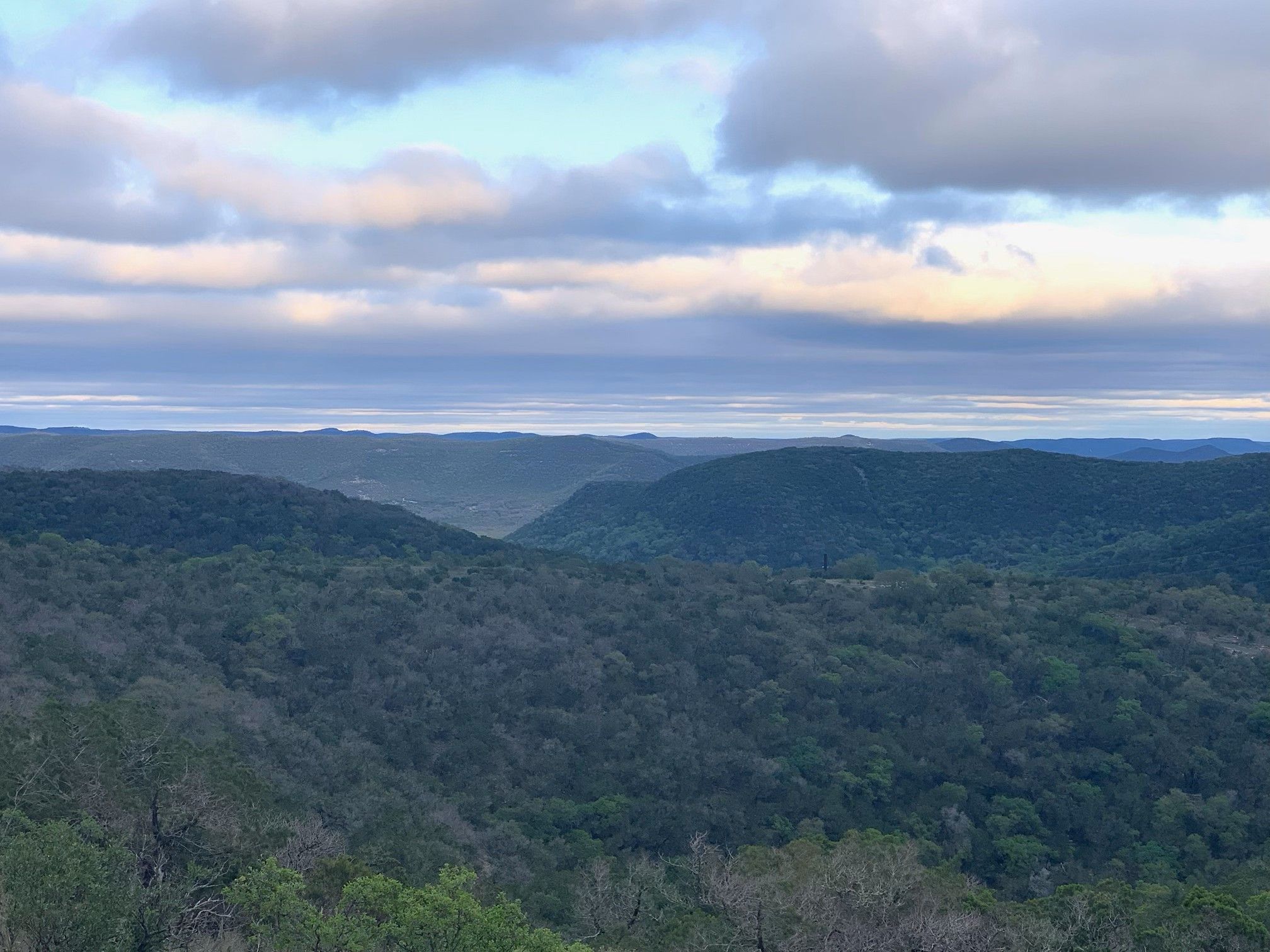 A mountainous landscape with dense forest coverage.