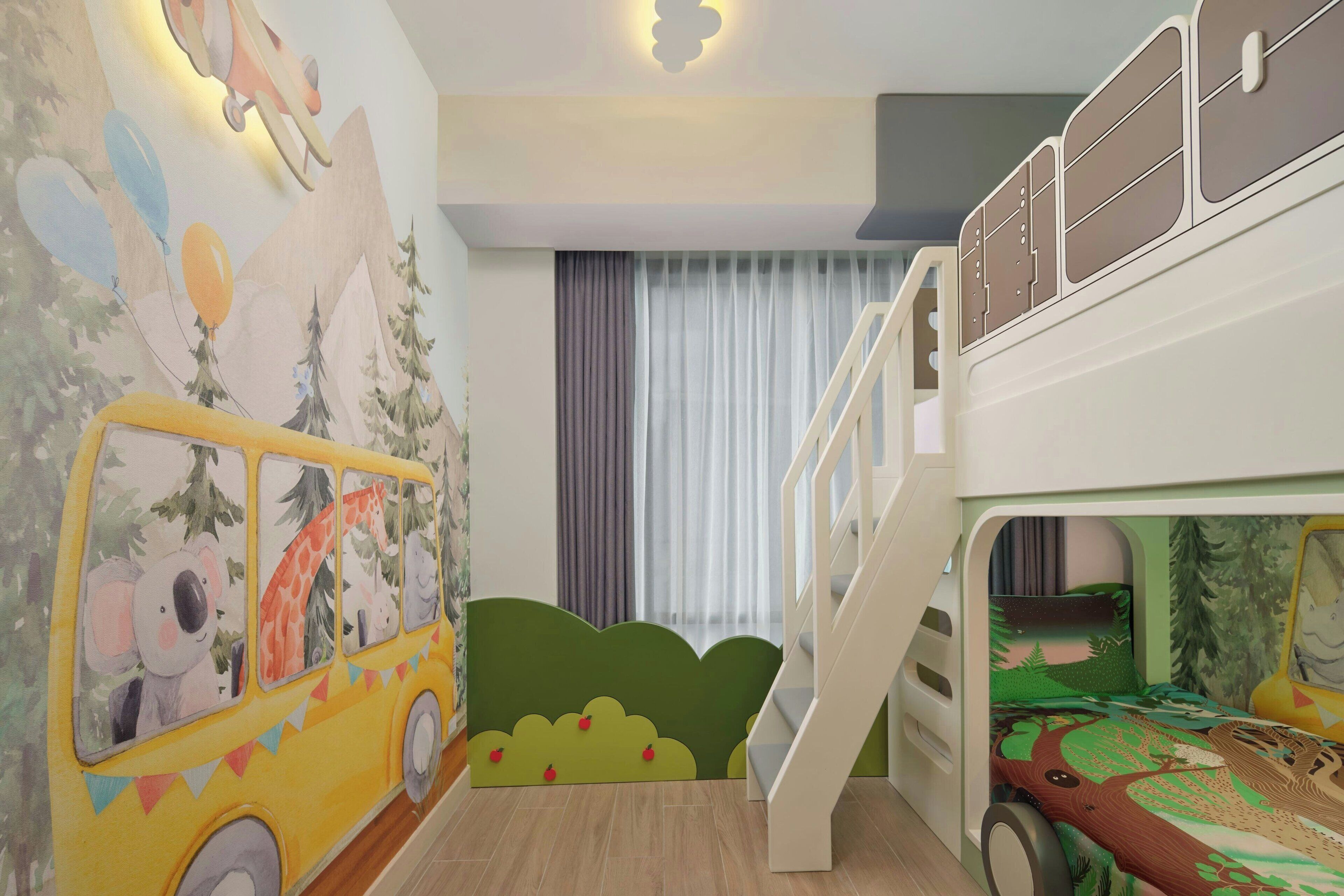 A children's room with a bunk bed, a mural of a bus with animals, and a staircase.