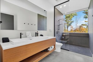 Shower, eco-friendly toiletries, hair dryer, towels