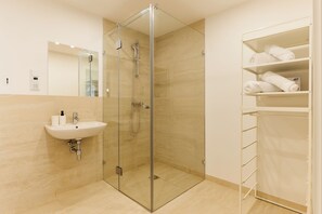 Shower, hair dryer, towels, soap