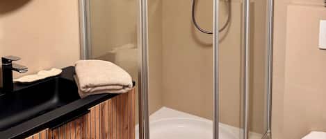 Shower, hair dryer, towels, soap