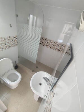 Shower, towels, soap, toilet paper