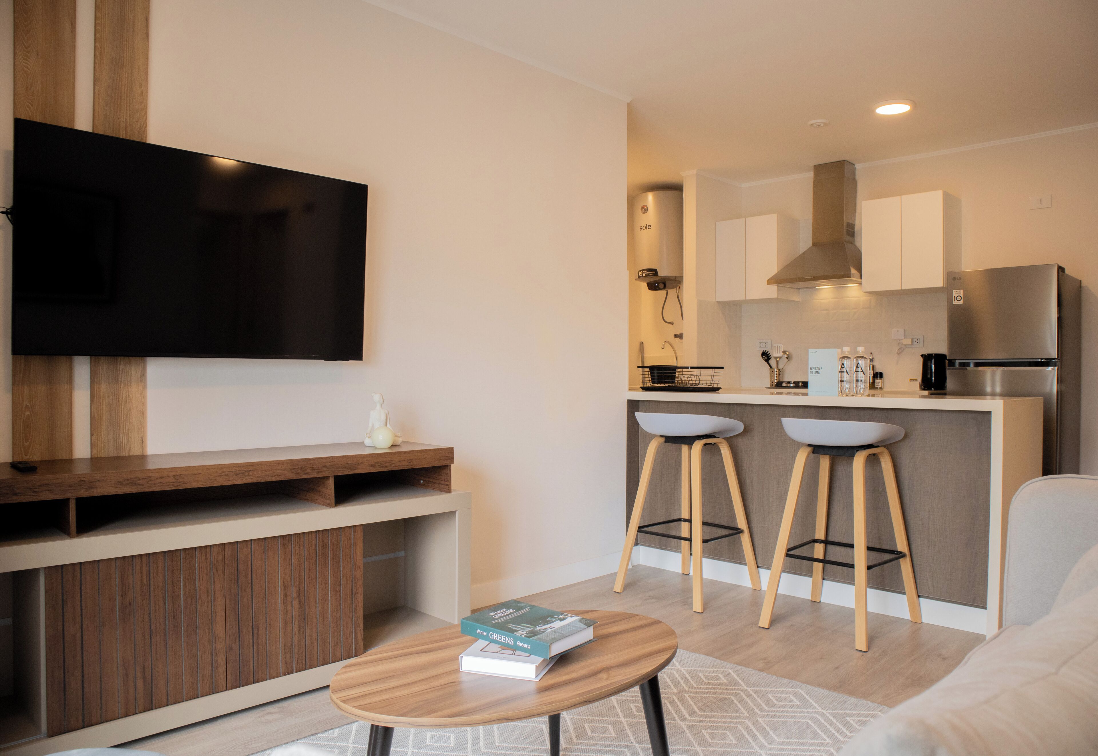 A modern living room with a flat-screen TV, wooden entertainment unit, and a round coffee table with a book.