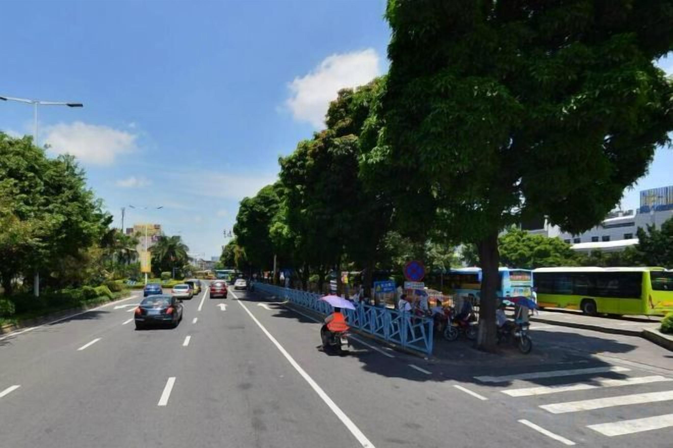 A multi-lane road with vehicles, trees, and a bus.
