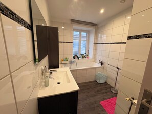 Hair dryer, towels, soap, toilet paper
