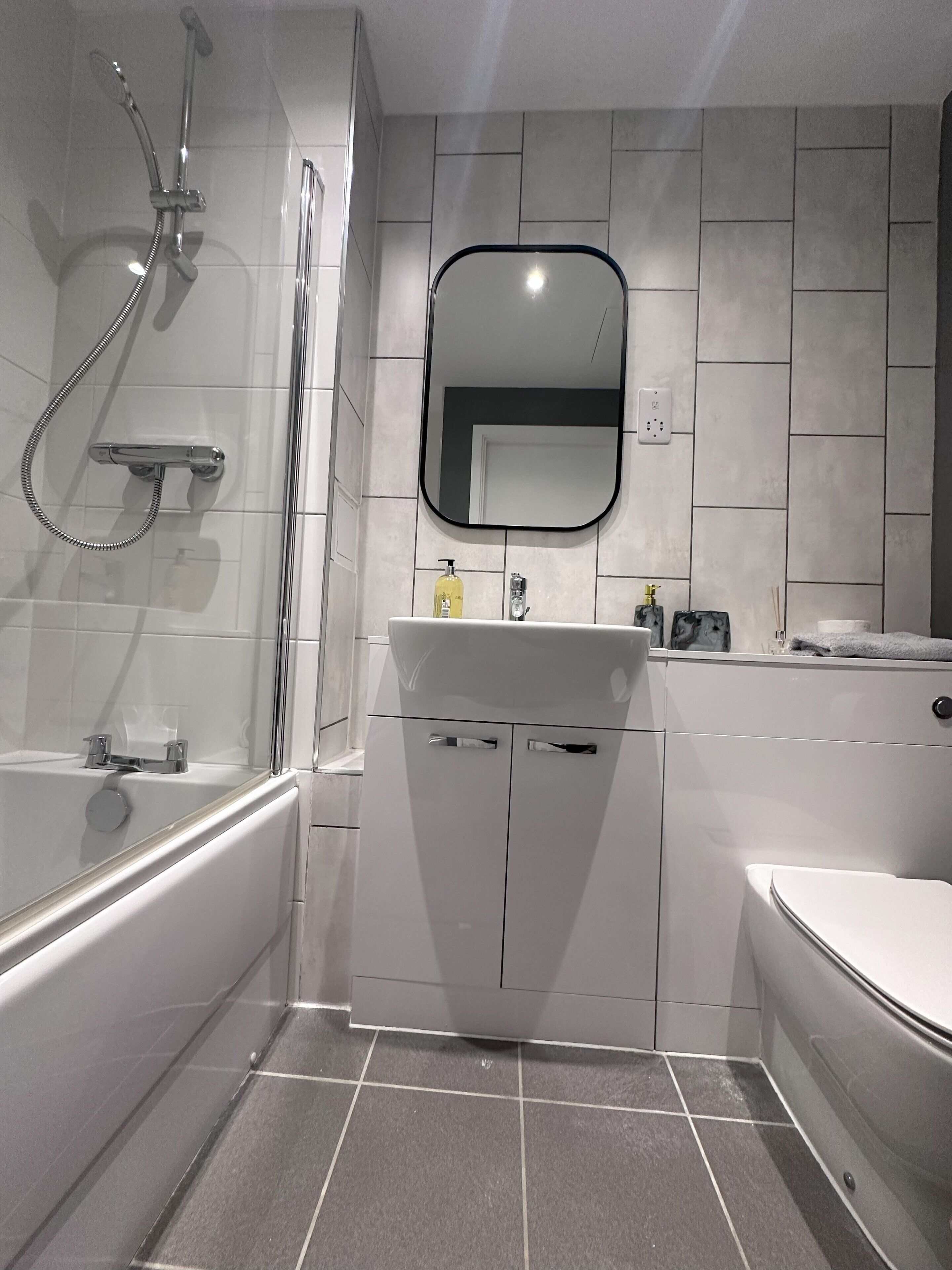 Hair dryer, towels, soap, toilet paper