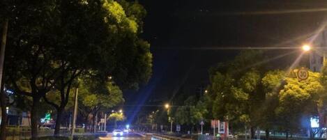 A nighttime street scene with trees, streetlights, and a speed limit sign.