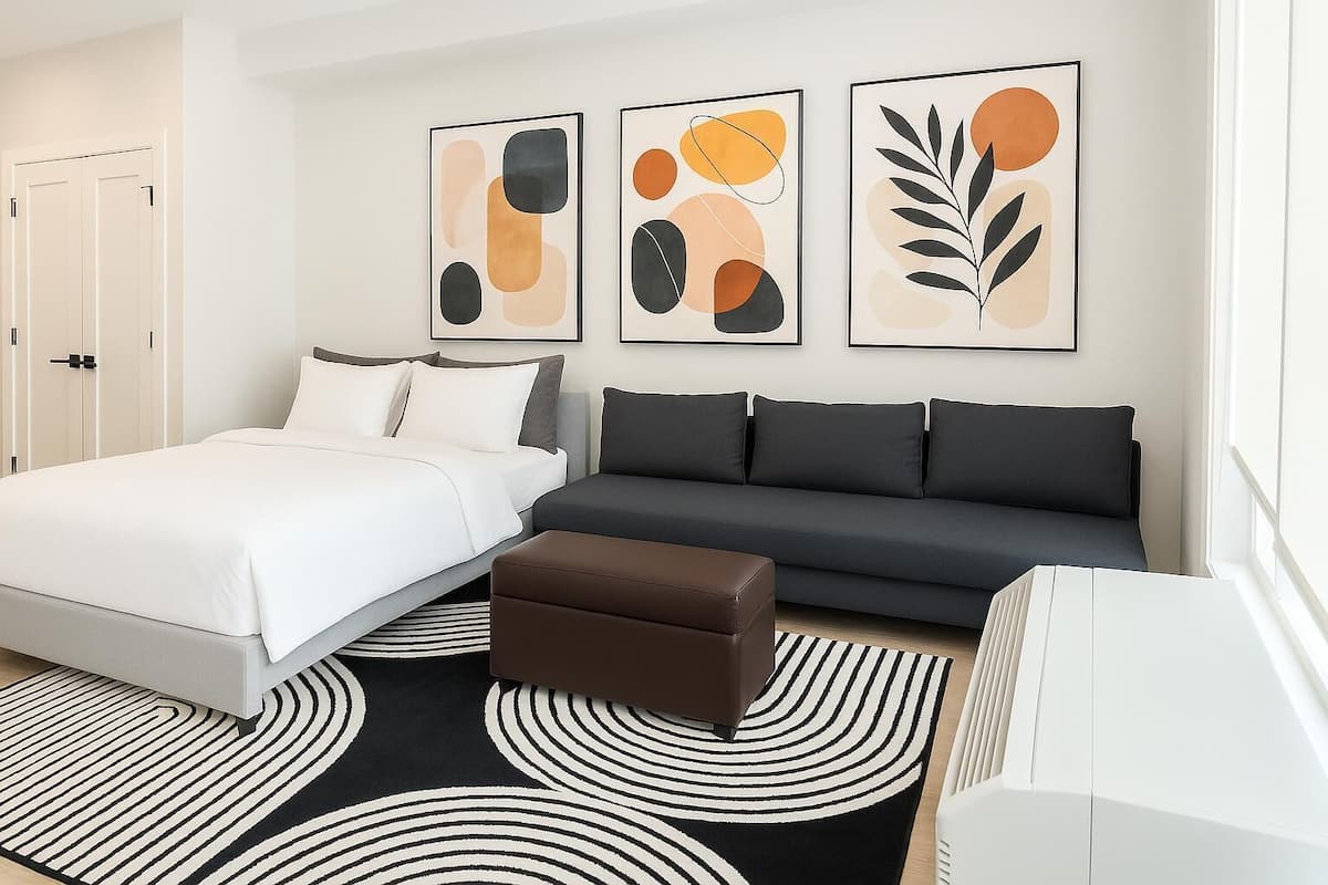 A modern bedroom with a bed, a grey sofa, a brown ottoman, and abstract wall art.