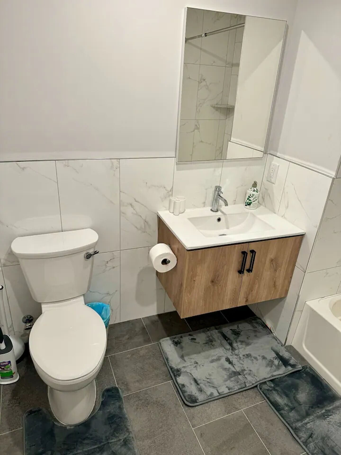 Un baño con inodoro, lavamanos, espejo y un felpudo en el suelo.