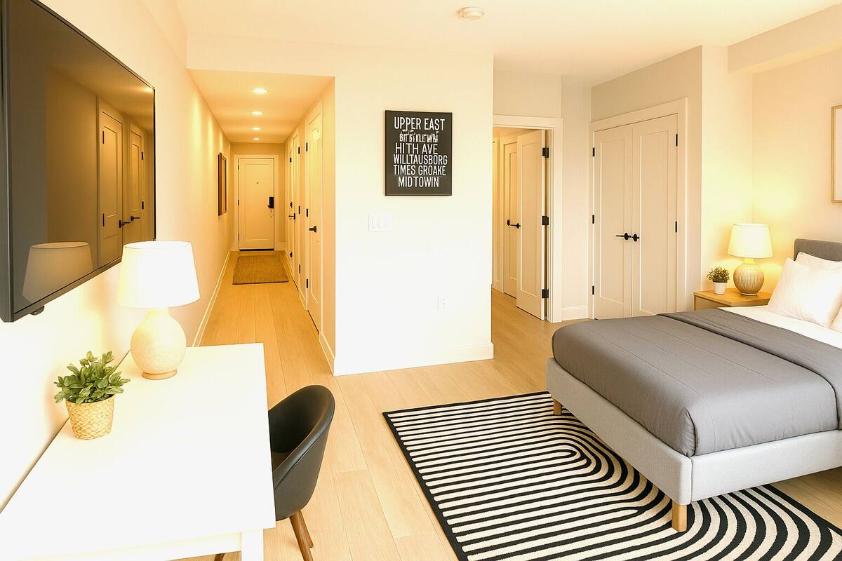 A hotel room with a bed, bedside table, lamp, and a wall-mounted TV.