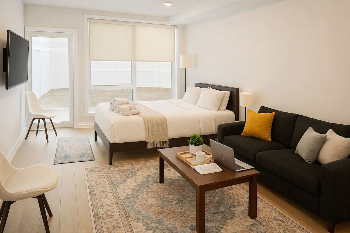 A hotel room with a bed, a sofa, a coffee table, a TV, and a window with blinds.