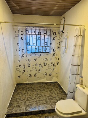 Hair dryer, towels, soap, toilet paper