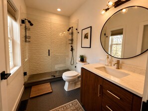 Shower, towels, soap, shampoo