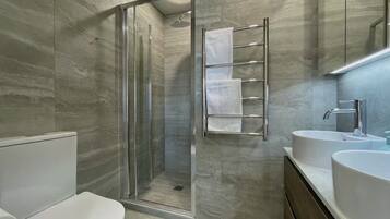 Shower, hair dryer, towels, soap