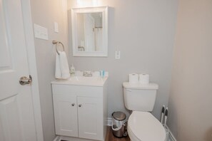 Hair dryer, towels, soap, toilet paper
