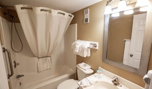 Hair dryer, towels, soap, toilet paper